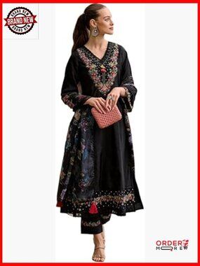 Embroidered Anarkali Salwar Suit 3pc Set, Floral Print Dupatta, Sizes S-XXL